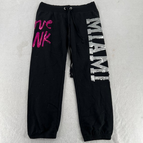 NWT PINK Victoria's Secret Sweatpants Women's Black Joggers Sequin Size Small - Picture 1 of 7